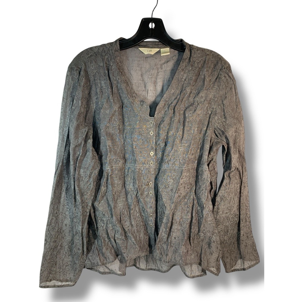 J Jill Medium Shirt Womens Gray Button down Front Long Sleeve Top with Pattern
